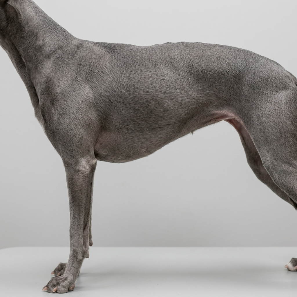 Flanke und Schulter eines blau gefärbten Whippets mit dichtem, gleichmäßigem Fell