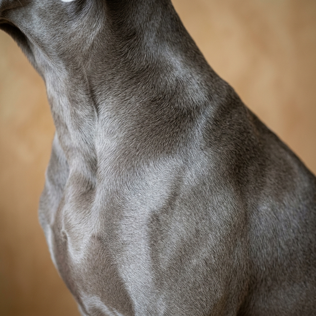 Nahaufnahme von Schulter und Hals eines Hundes mit dichtem, gleichmäßigem grauem Kurzhaarfell