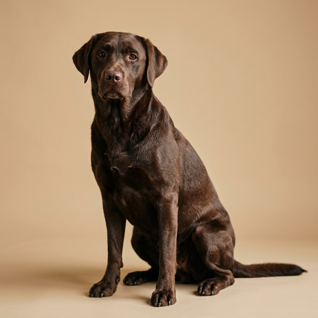 Schokoladenbrauner Labrador Retriever sitzt vor karamellfarbenem Hintergrund
