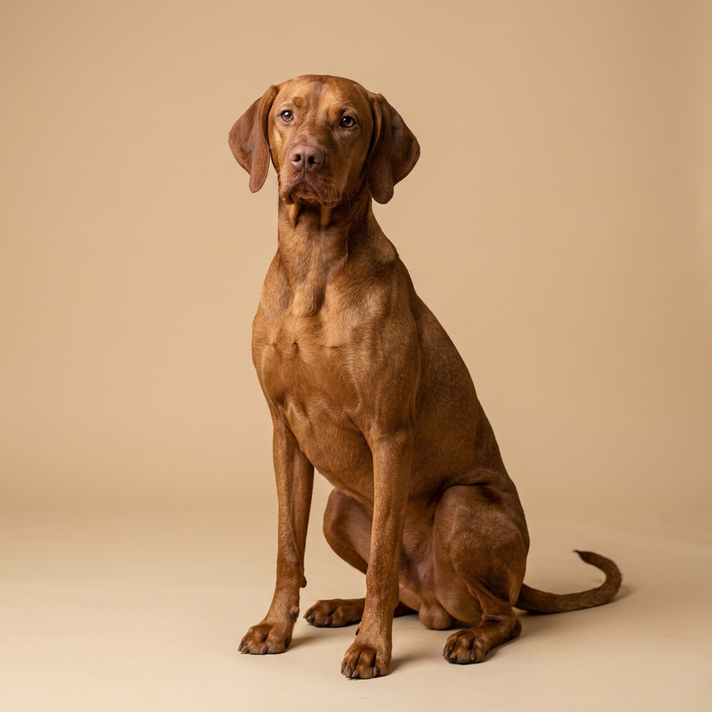 Magyar Vizsla sitzt vor karamellfarbenem Hintergrund