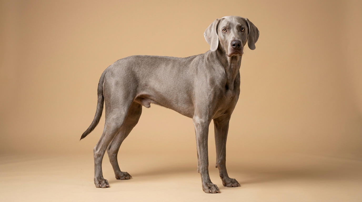 Weimaraner mit silbergrauem Fell steht im Profil vor karamellfarbenem Hintergrund